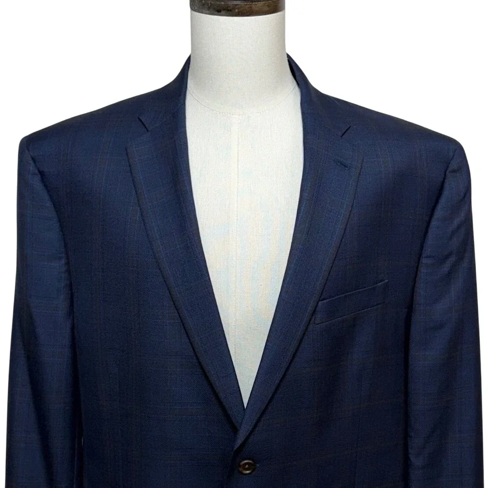 Jos. A. Bank Blazer Men 48L Blue Plaid Signature Collection Silk Wool Sport Coat